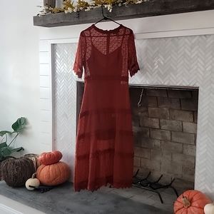 Dreaming of You Rust Orange Swiss Dot Midi Dress - Lulus